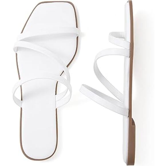 Lacuone Womens 10.5 White Faux Leather Open Toe Strappy Slide On Flat Sandals - Picture 1 of 5